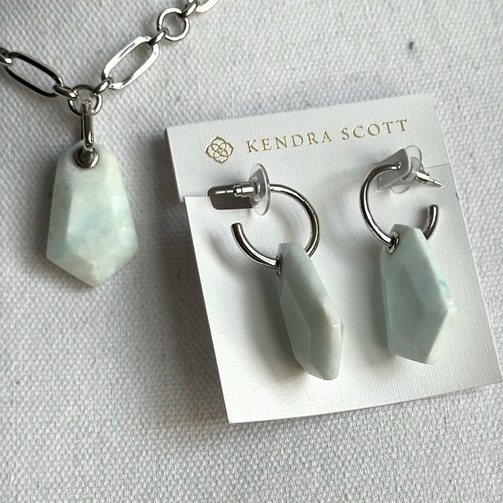 Kendra Scott Ashlyn Long Pendant Necklace Earrings Set Silver Teal Quartzite - Picture 3 of 10